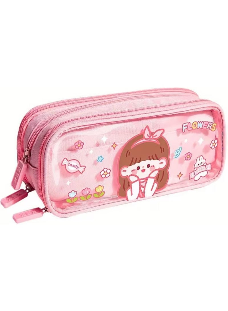 Large capacity transparent fabric pencil case with cute cartoon print, 3 compartments for organizing stationery, multi-functional, with a durable zipper design (Cute Girl) - Image 4